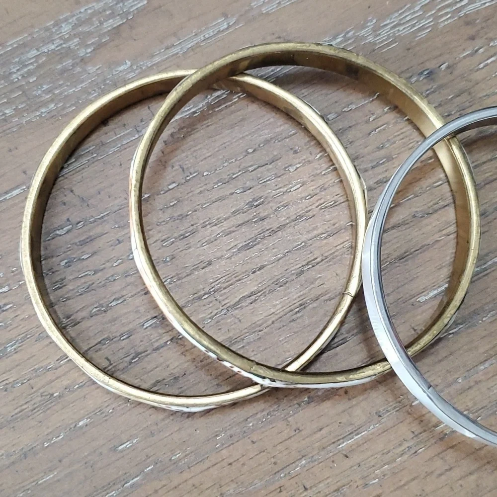 3 Shell Vintage inlaid bangle bracelets 2 brass inside 1 silver tone